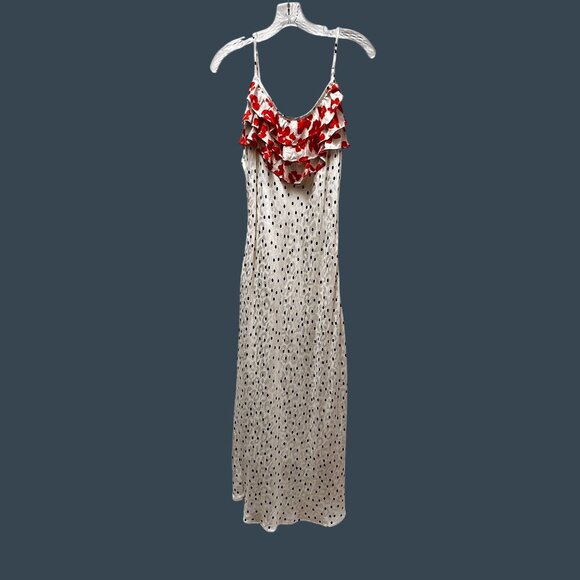 Rixo M Polka Dot Red Floral Ruffled Midi Slip Dress Adjust Spaghetti Strap Women - Picture 1 of 10